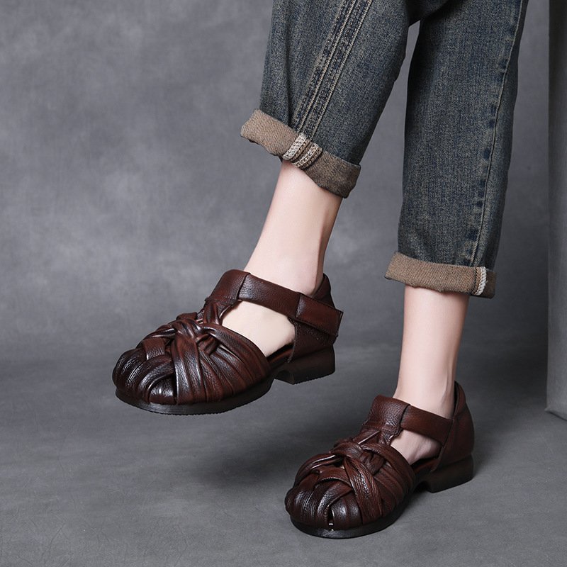 Women’s Woven Leather Open-Toe Flat Sandals with Soft Sole