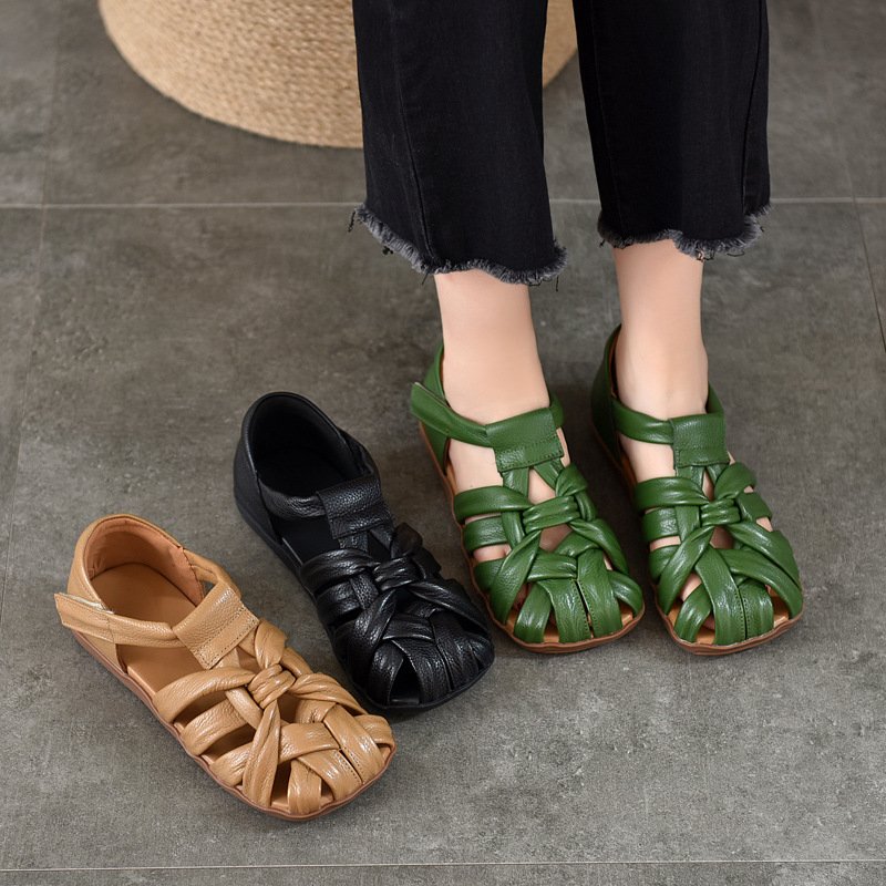 Women’s Genuine Leather Square Toe Flat Roman Sandals with Cutout Straps