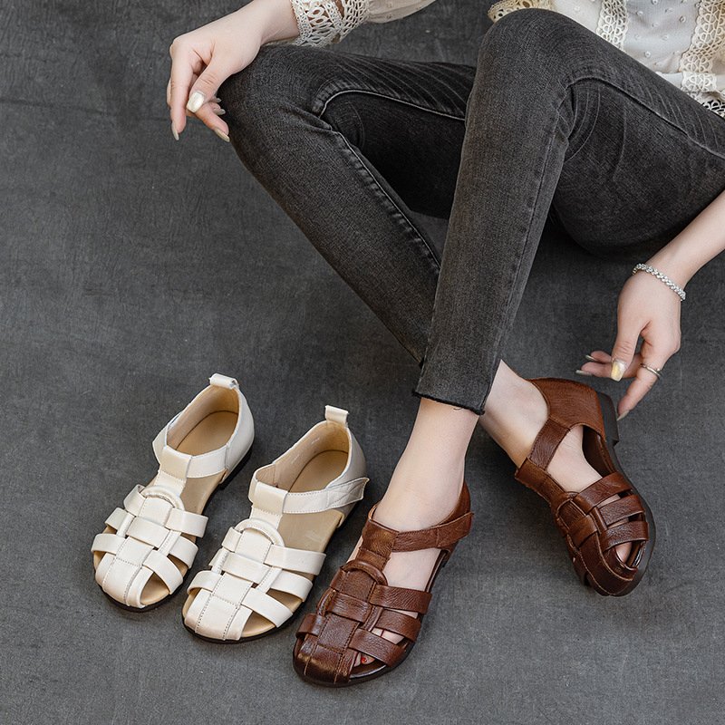 Women’s Genuine Leather Woven Fisherman Sandals with Closed Round Toe and Flat Sole