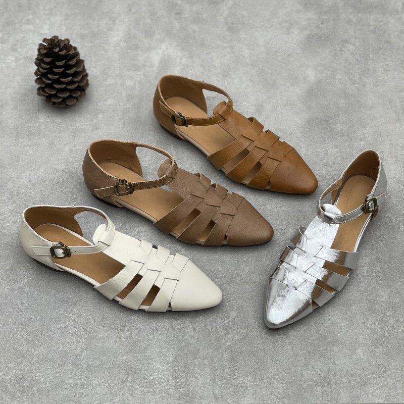 Women’s Genuine Leather Closed-Toe Cutout Sandals with Block Heel