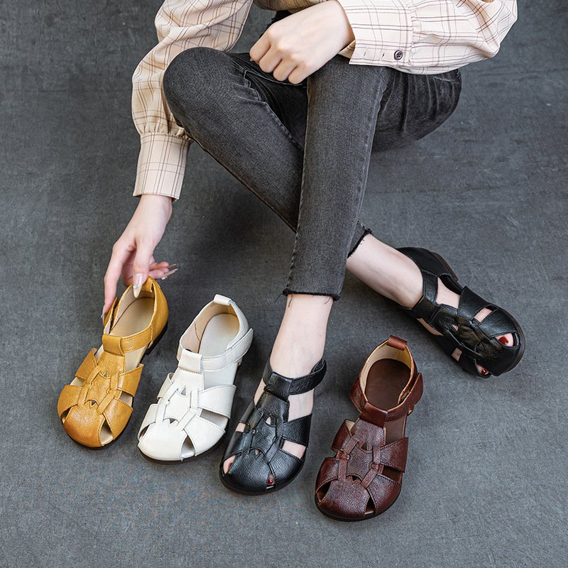 Women’s Handwoven Leather Closed-Toe Flat Sandals with Soft Sole