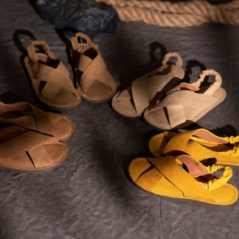 Women's Genuine Leather Flat Roman Sandals with Cross Straps