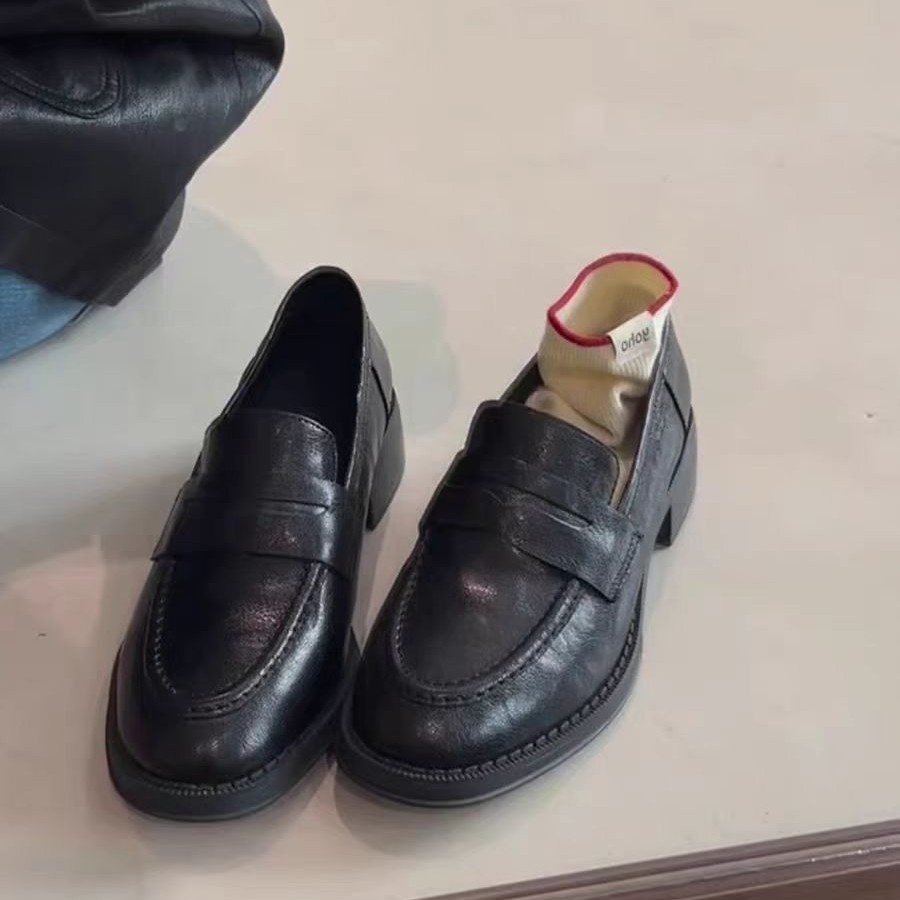 Women’s Black Leather Block Heel Slip-On Loafers with Round Toe