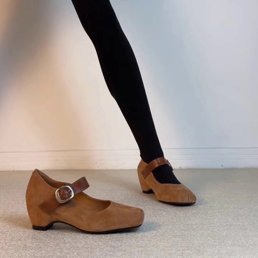 French Vintage Square Toe Suede Mary Jane Wedge Pumps with Buckle Strap