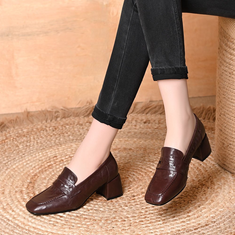 Women's Square Toe Block Heel Penny Loafers in Genuine Leather - Slip-On Smart Casual Shoes