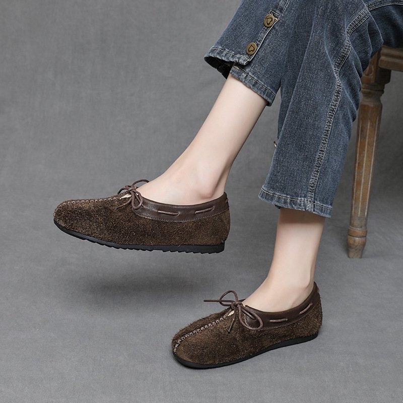Women's Genuine Leather Suede Flat Loafer with Bow-Tie Lace Detail and Round Toe