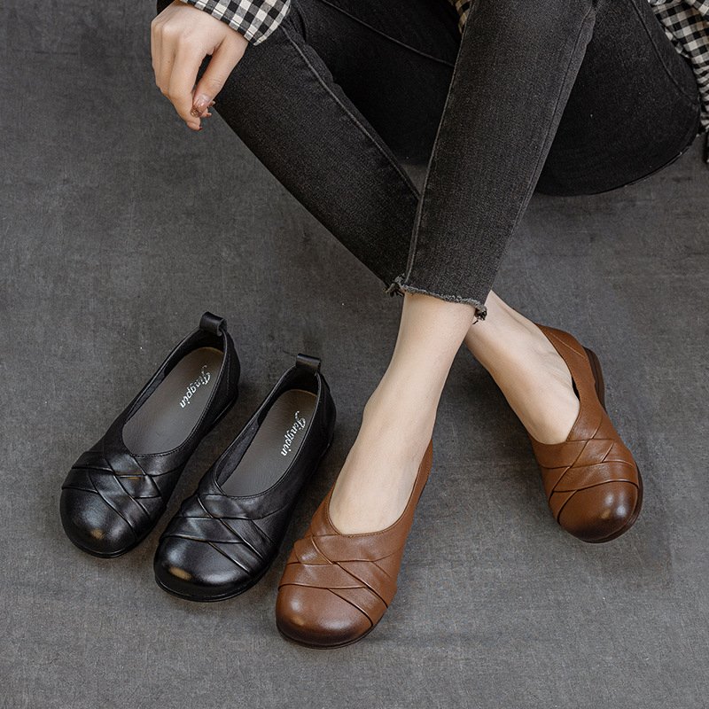 Women's Genuine Leather Flat Slip-On Loafer with Woven Detail and Round Toe – Casual Everyday Shoe