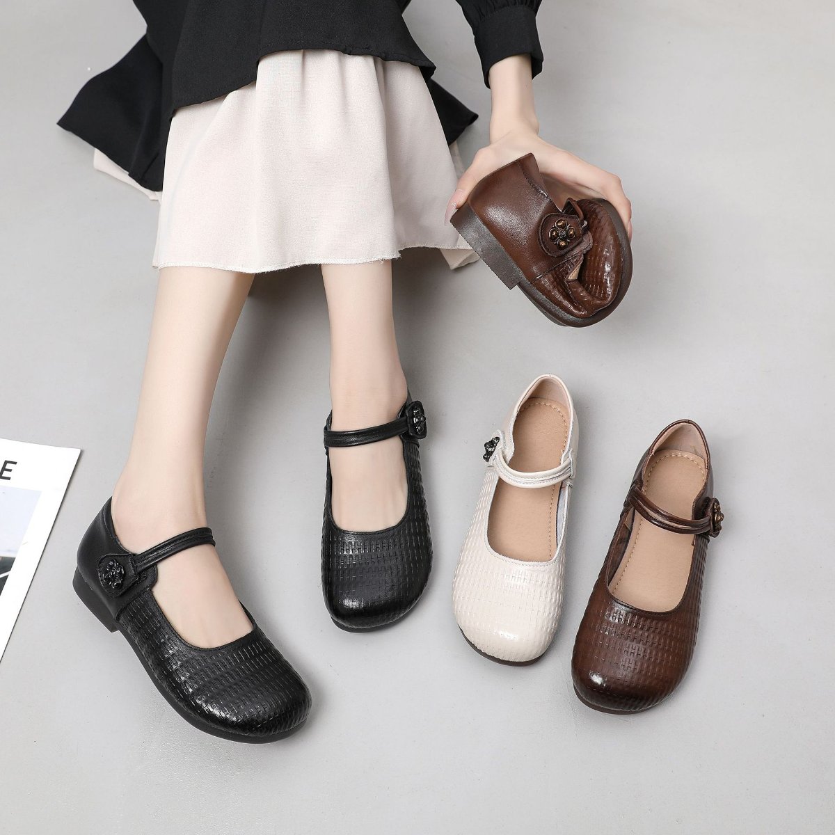 Women's Round Toe Leather Lace-Up Comfort Flats with Cross-Strap Detail