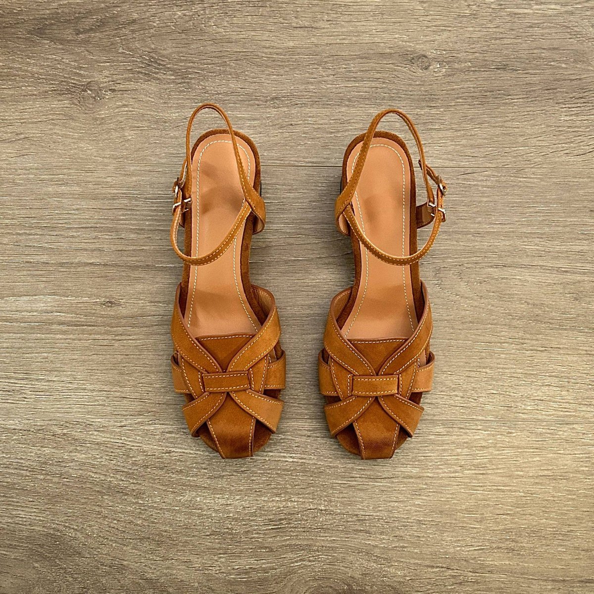 Women's Vintage Woven Strappy Block Heel Sandal with Square Toe and Ankle Buckle Strap