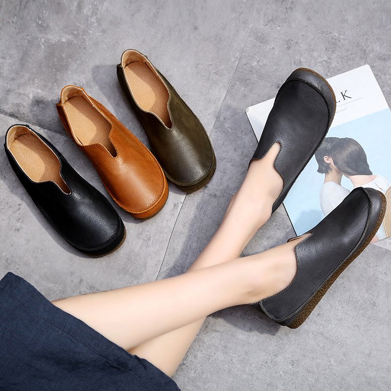 Women's Genuine Leather Round Toe Flat Slip-On Loafers