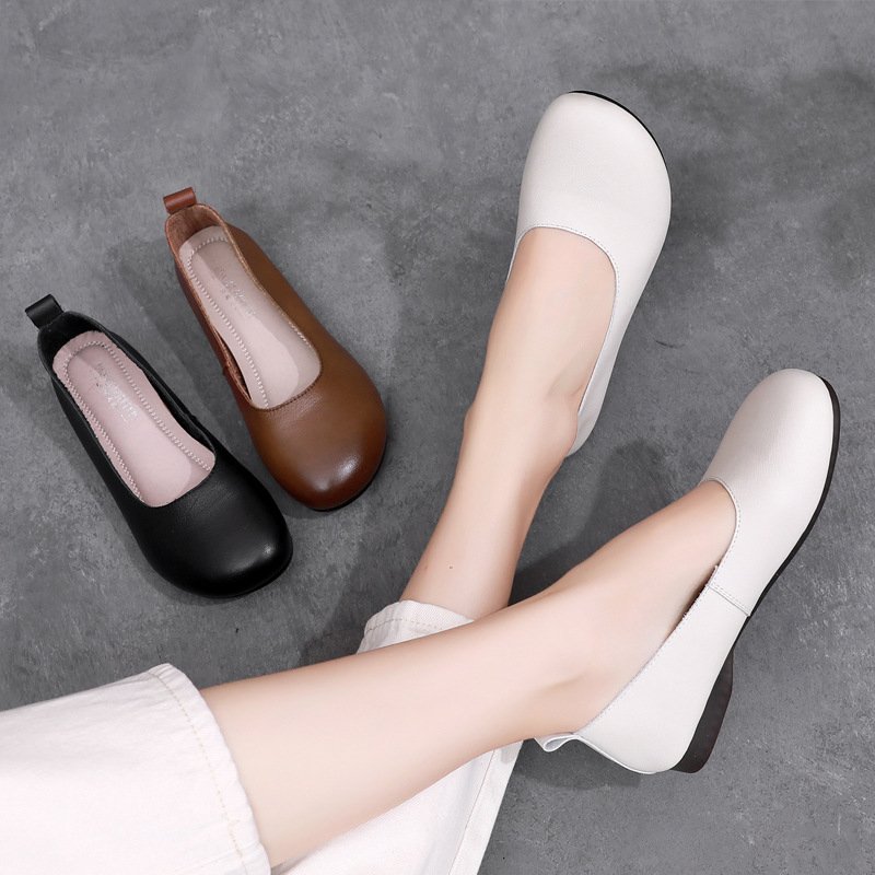 Women's Round Toe Genuine Leather Slip-On Flats with Low Heel