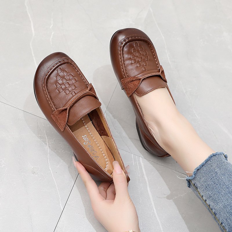 Women's Square Toe Flat Slip-On Leather Loafers with Belt Detail