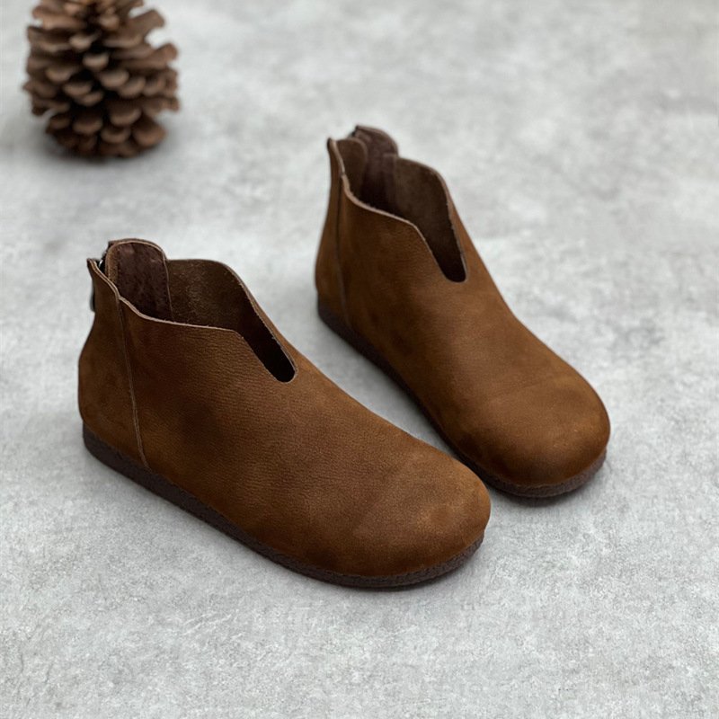 Women’s Vintage Round Toe Flat Ankle Boots in Soft Genuine Leather