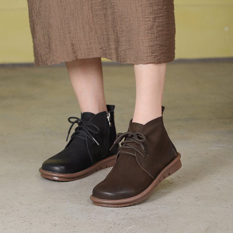 Women’s Vintage Round Toe Suede Ankle Martin Boots with Low Block Heel