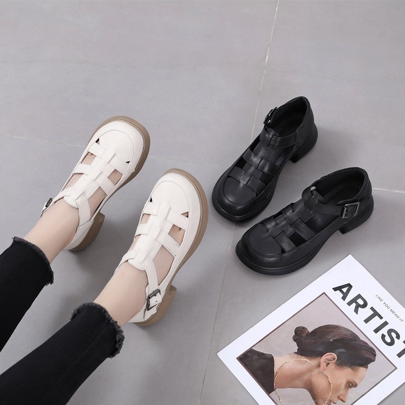 Women's Retro Woven Cage Sandal with Block Heel and Buckle Strap - Genuine Leather Upper, Round Toe