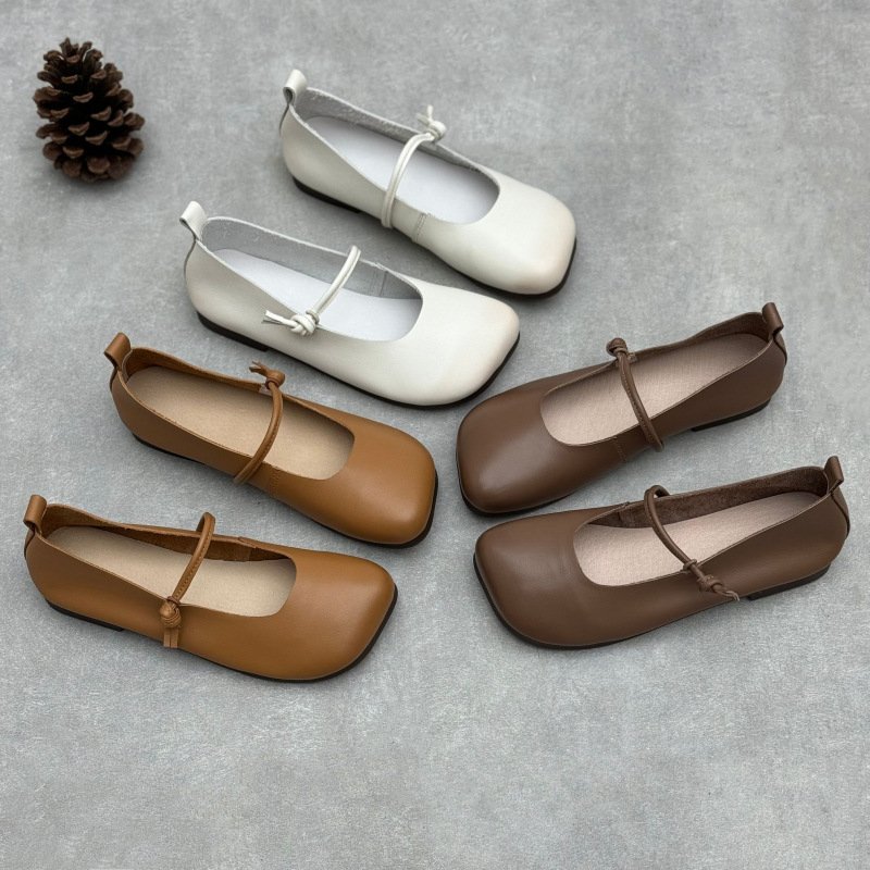 Women’s Handmade Genuine Leather Flat Mary Jane Shoes with Round Toe