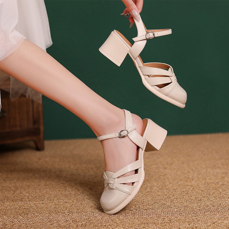 Women’s Sheepskin Block Heel Sandals with Square Closed Toe and Ankle Strap