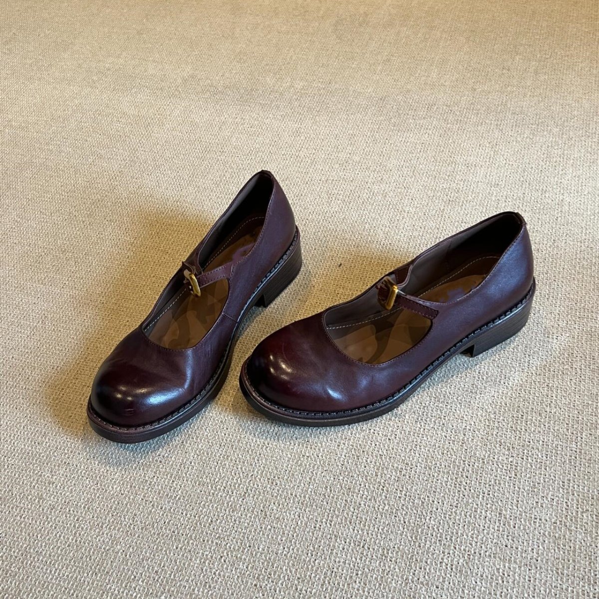 Women's Retro Round Toe Goatskin Mary Jane Block Heel Shoes