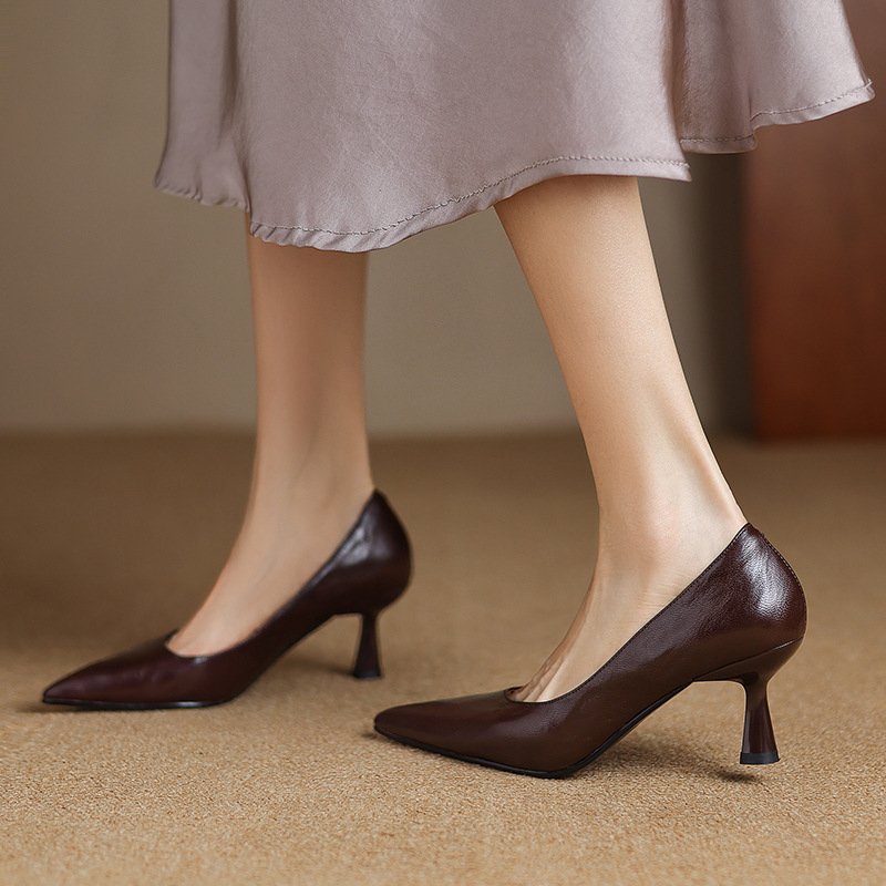 Women’s Pointed-Toe Sheepskin Stiletto Pumps, Shallow-Cut Office Heels