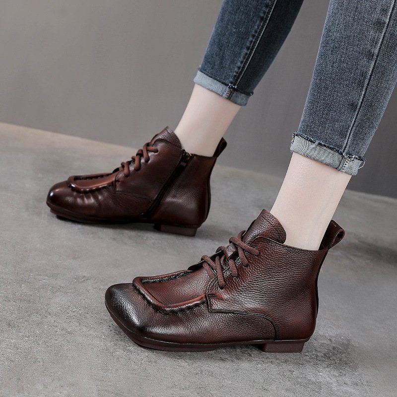 Women’s Genuine Leather Square Toe Flat Ankle Combat Boots with Side Zipper
