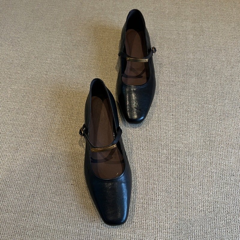 Women's Black Leather Square Toe Mary Jane Flats with Gold Metal Bar Strap and Block Heel