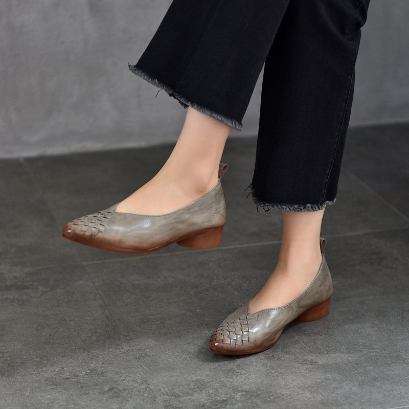 Women’s Pointed Toe Woven Leather Low Heel Slip-On Pumps
