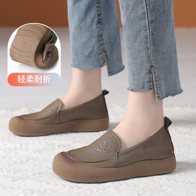 Women's Round Toe Genuine Leather Slip-On Loafers with Low Flat Heel