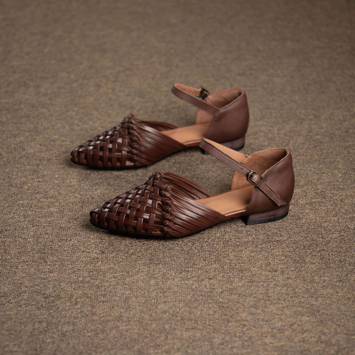 Women's Handwoven Genuine Leather Pointed Toe Flat Sandals with Ankle Strap Buckle