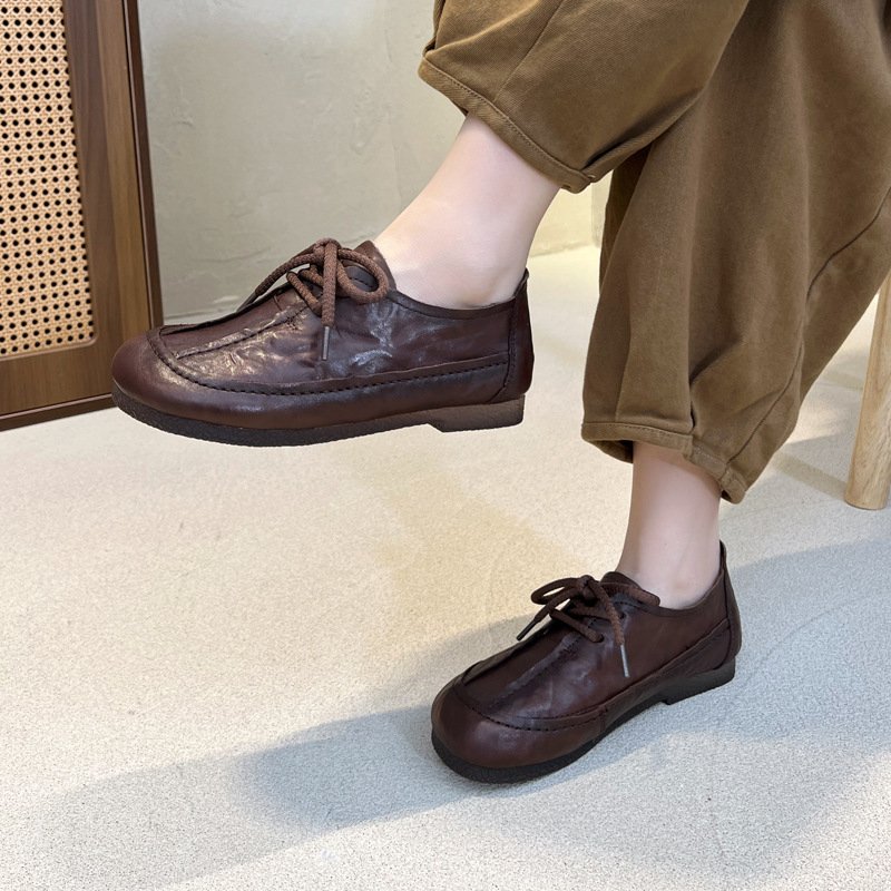 Women’s Textured Genuine Leather Flat Loafers with Round Toe