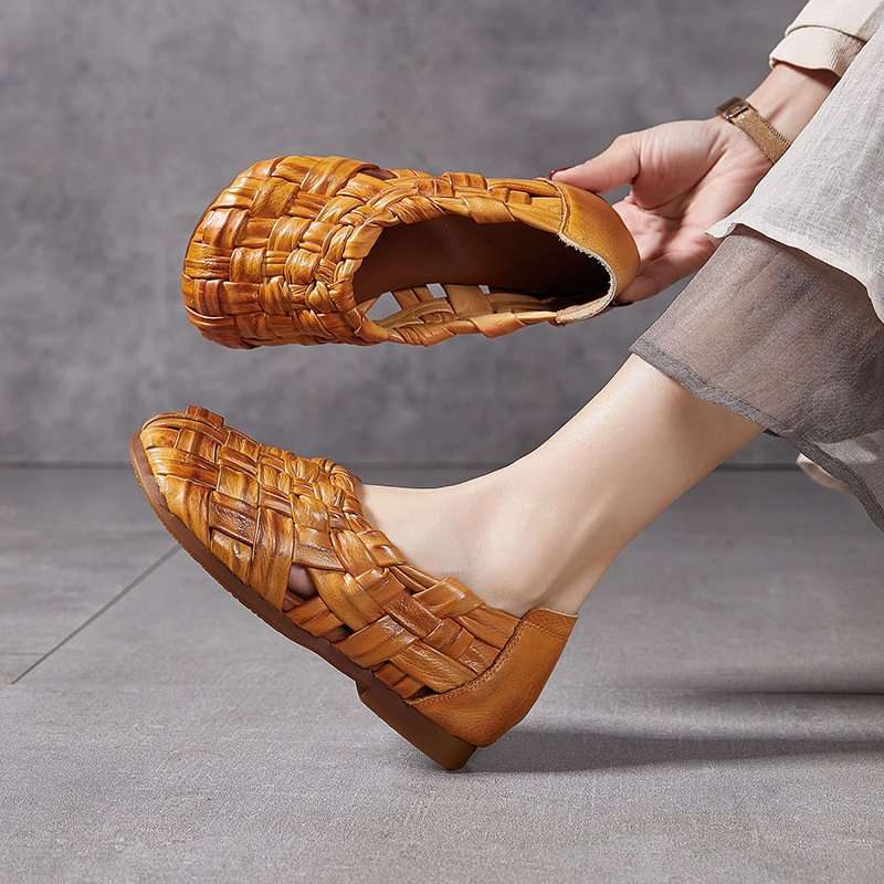 Women's Handwoven Genuine Leather Flat Loafer Shoes - Round Toe Slip-On Woven Leather Flats