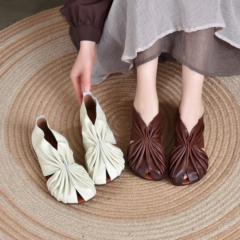 Women's Genuine Leather Ruched Peep-Toe Flat Slip-On Sandals with Handcrafted Pleated Upper