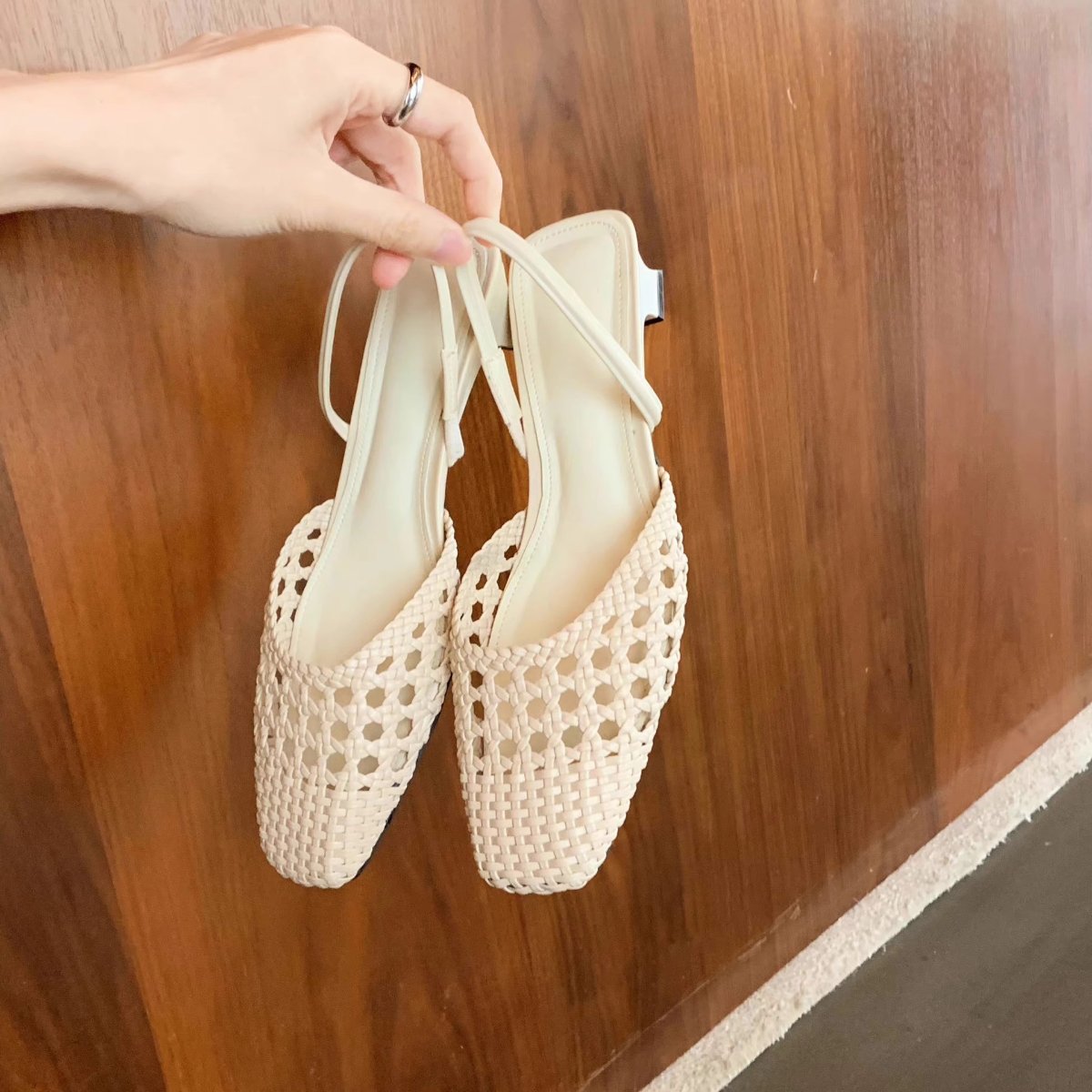 Women's Woven Hollow-Out Slingback Flat Mule with Square Toe and Ankle Strap - Cream Beige