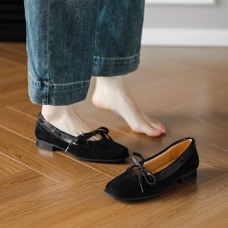 Women’s Suede-Look Square Toe Mary Jane Ballet Flats with Bow