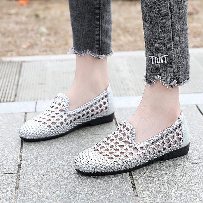 Women's Woven Lambskin Leather Cutout Breathable Slip-On Flat Loafer Shoes