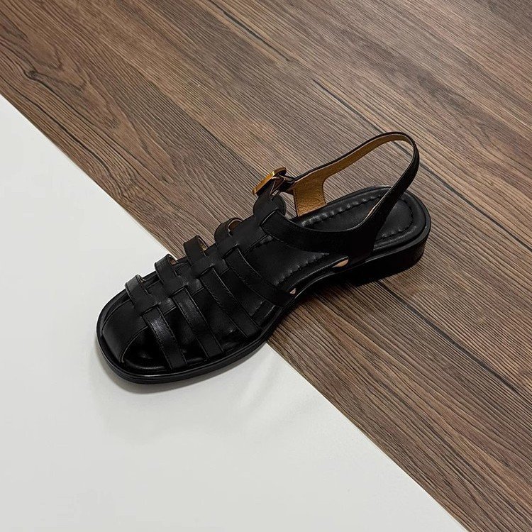 Women's Woven Leather Roman Cage Sandals with Slingback Buckle Strap - Round Toe Flat Gladiator Style