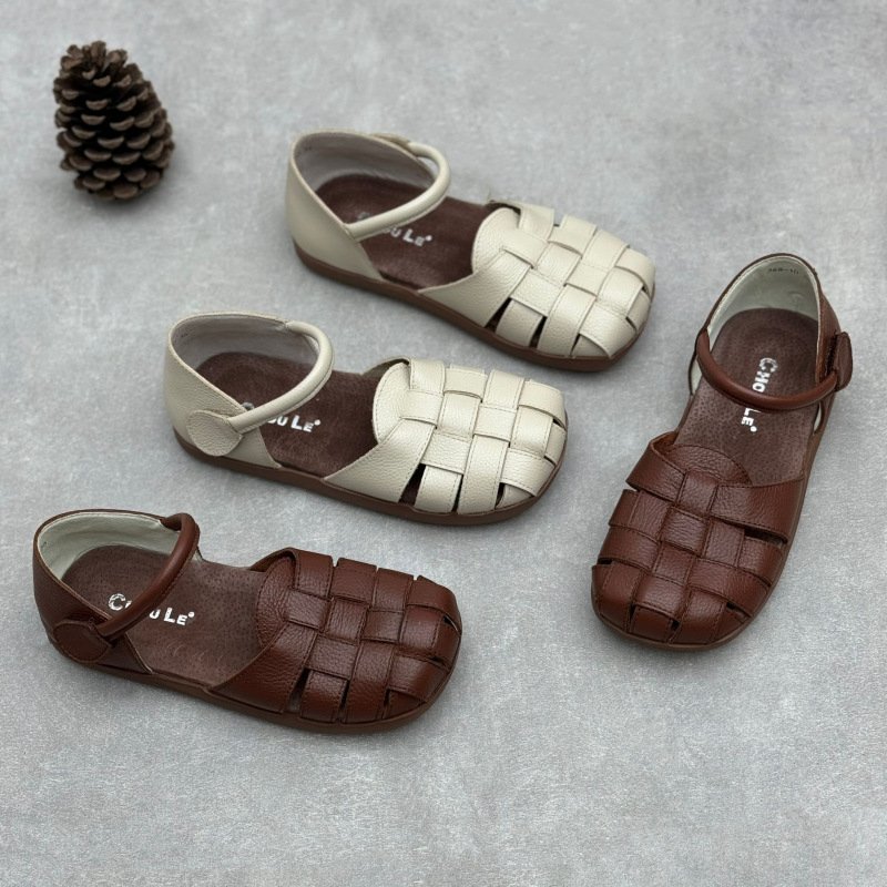 Women's Woven Genuine Leather Closed-Toe Flat Sandals with Velcro Ankle Strap