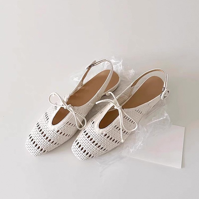 Women's Woven Hollow-Out Square Toe Slingback Flats with Bow Detail and Ankle Buckle Strap