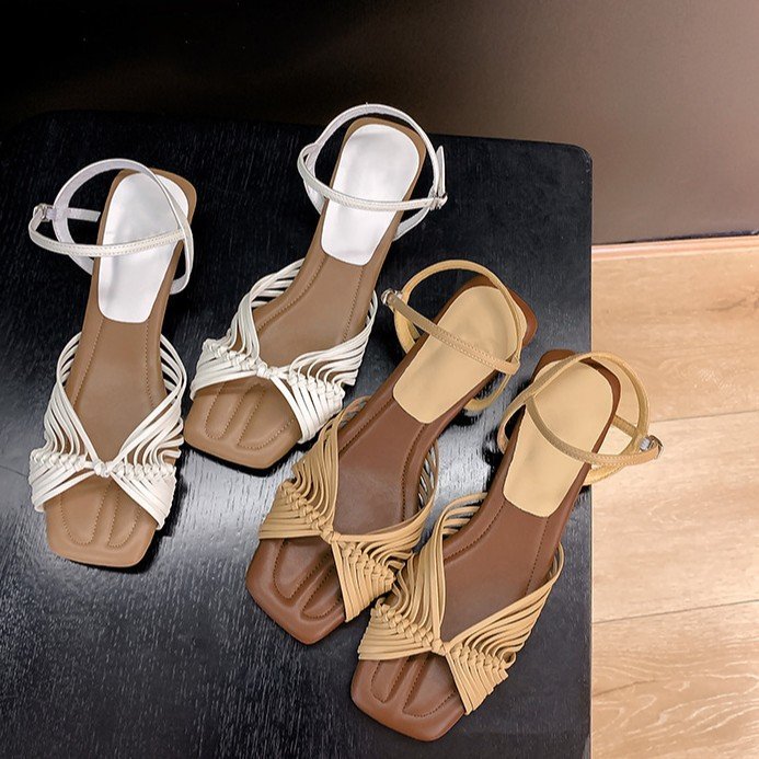 Women's Woven Strappy Roman Sandals with Block Heel and Square Toe - Retro Style Ankle Strap Heels in Beige and White