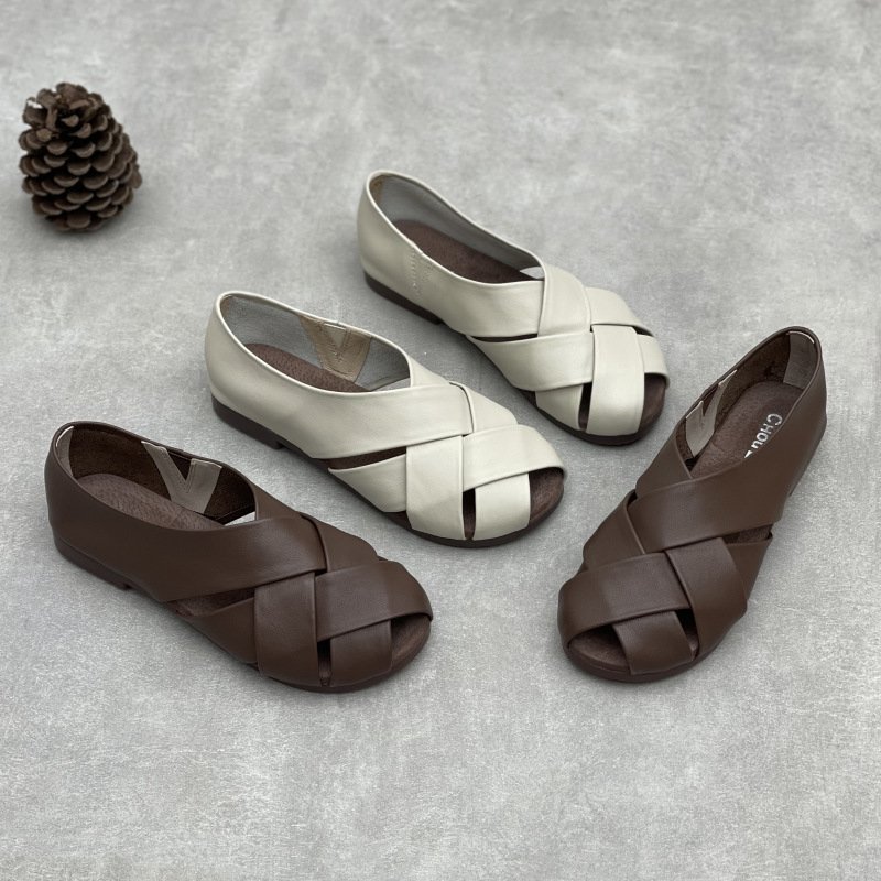 Women's Woven Genuine Leather Flat Sandals - Round Toe Slip-On Roman Shoes with Braided Upper