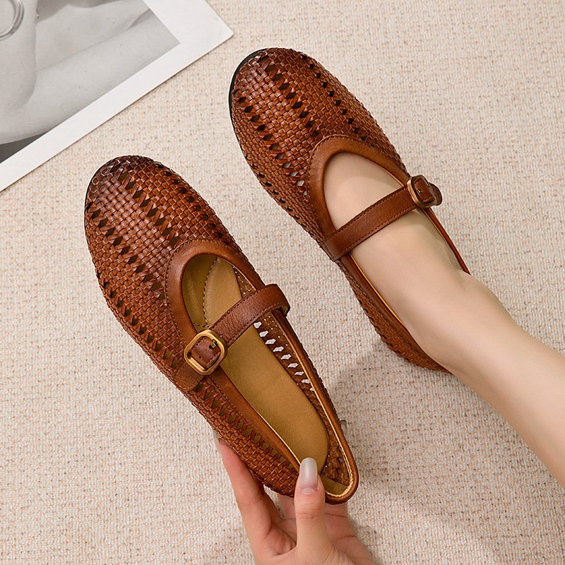 Women’s Handwoven Cutout Leather Mary Jane Flats with Round Toe