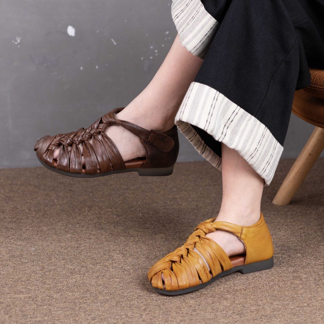 Women’s Handwoven Leather Closed-Toe Flat Roman Sandals with Velcro Strap