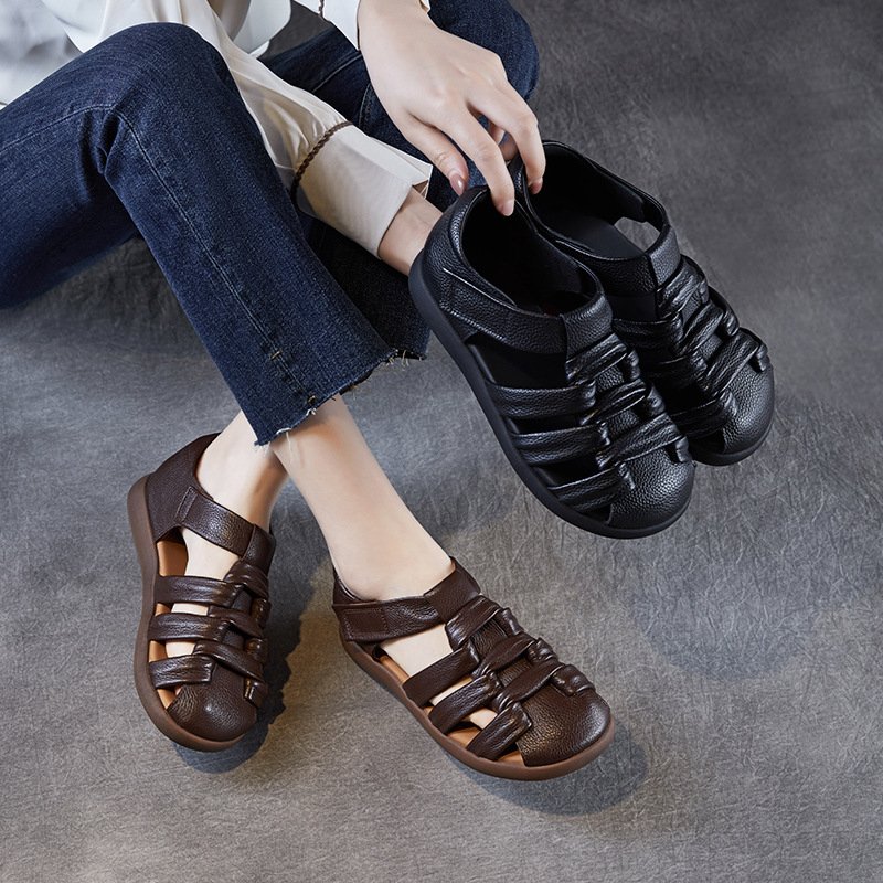 Women's Handcrafted Genuine Leather Closed-Toe Roman Sandals with Woven Strap Flat Design