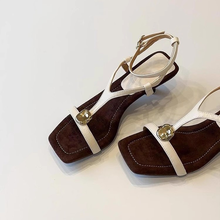 Women's Square Toe Metallic Strap Block Heel Roman Sandals