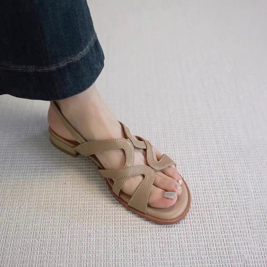 Women’s Flat Roman Sandals with Round Open Toe and Crisscross Straps