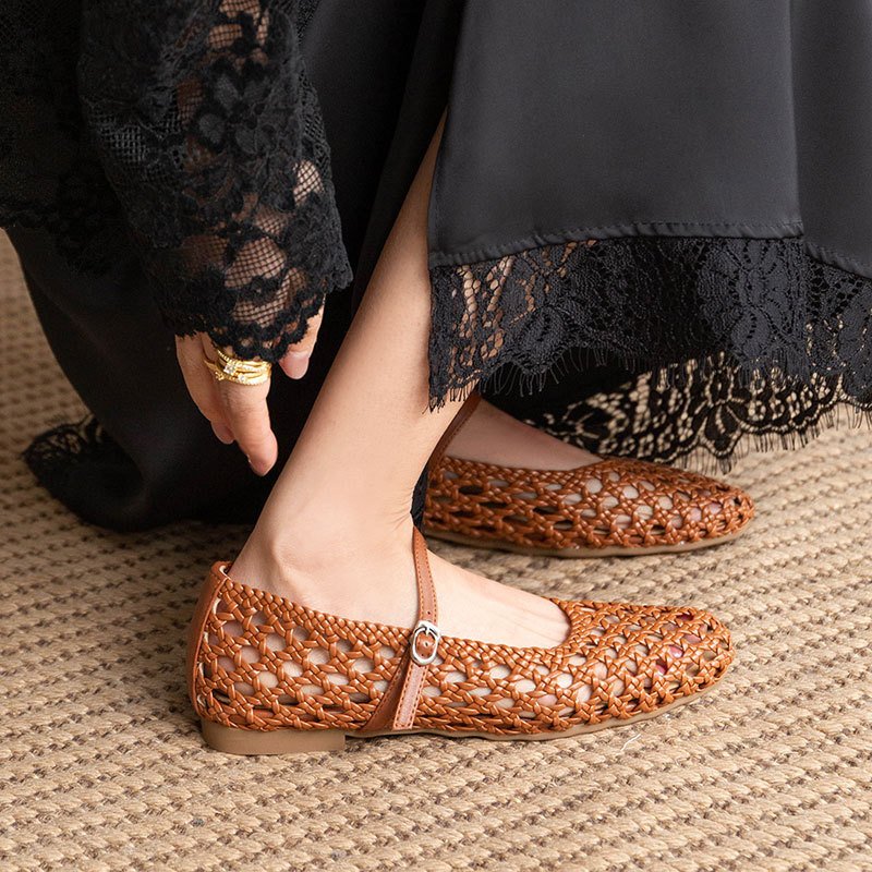 Women's Hand-Woven Genuine Leather Mary Jane Flats | Round Toe Hollow-Out Cutwork Ballet Shoes with Buckle Strap