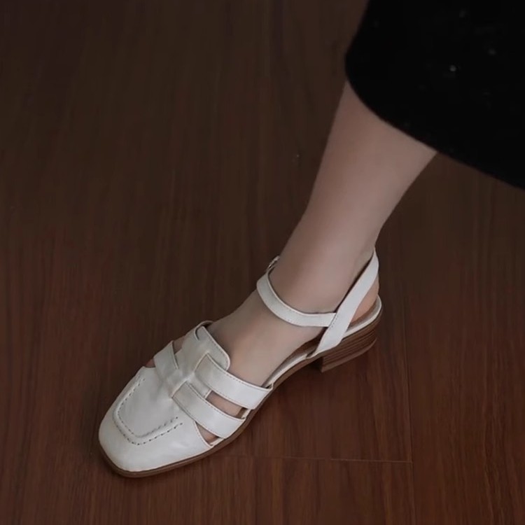 Women's White Genuine Leather Roman Sandals Square Toe Flat Woven Cutout Ankle Strap Slingback