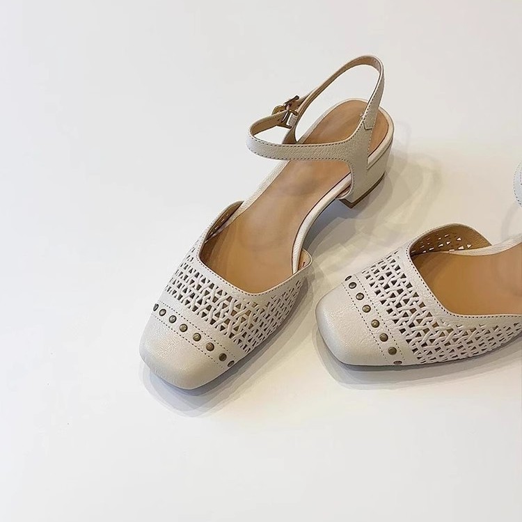 Women's Retro Block Heel Slingback Sandal with Woven Laser-Cut Upper and Rivet Detail