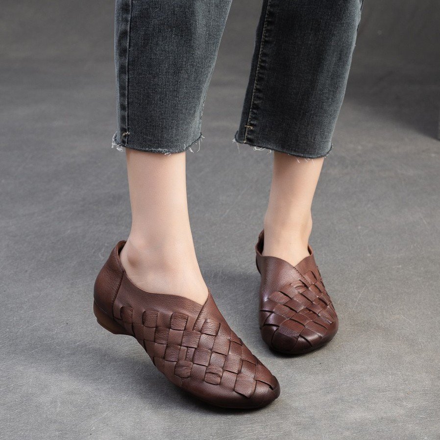 Women’s Handwoven Leather Flats with V-Cut Vamp and Buckle Strap