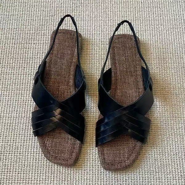 Women's Retro Woven Cross-Strap Flat Sandals with Square Toe and Slingback Closure