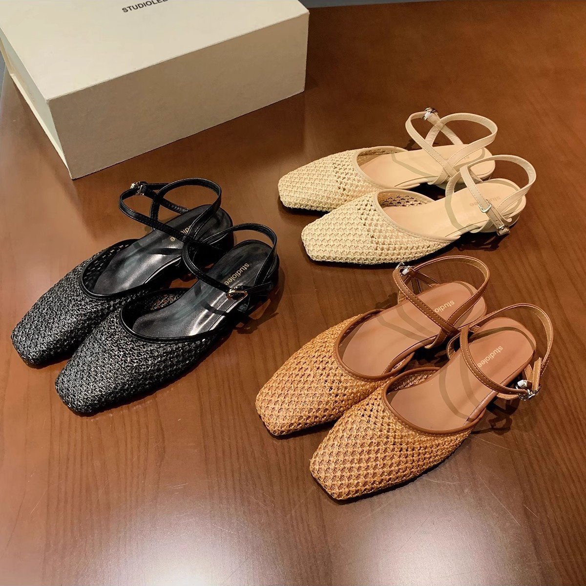 French Vintage Woven Square Toe Slingback Sandals with Block Heel and Ankle Strap - Women's Summer Flats